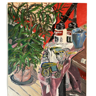 撫子色の布と植物のあるアトリエ