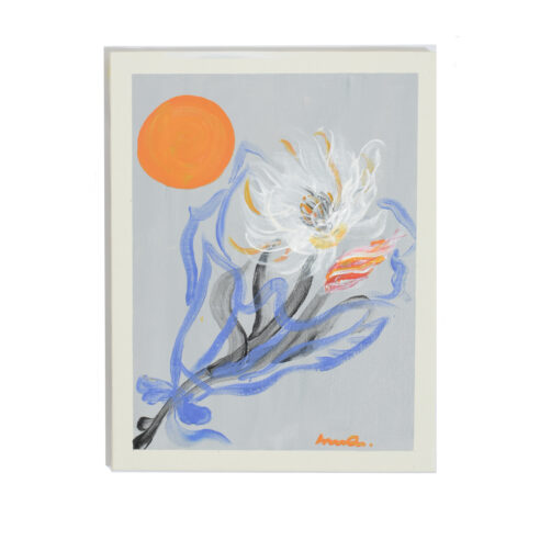 Orange moon, blue paper, white flower